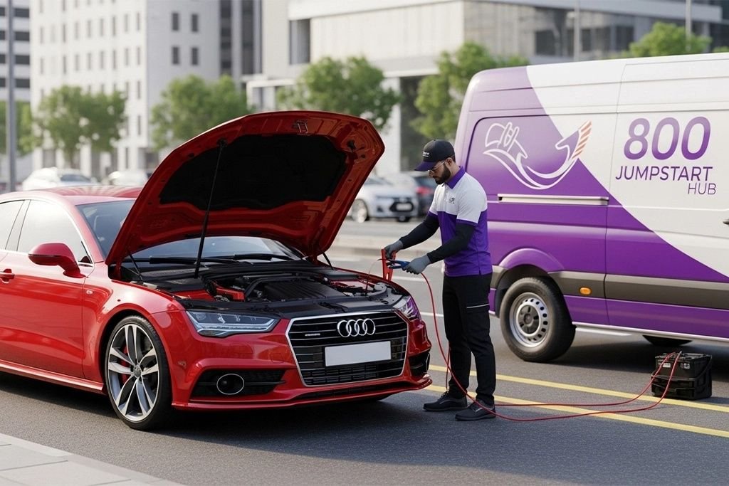 Technician providing on-location jump start service for an Audi A7