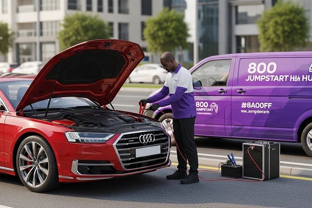 Technician providing on-site jump start assistance for an Audi A4