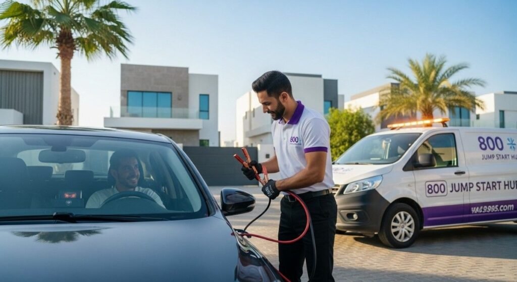 Car stuck in a residential driveway getting mobile battery jump start assistance