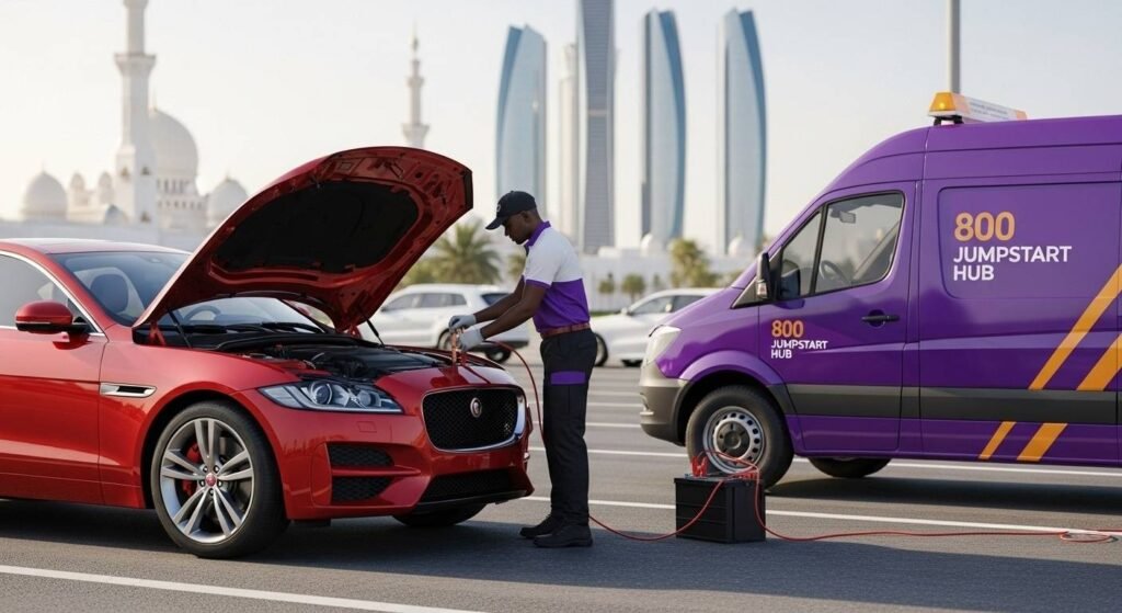 Mobile technician providing on-site jump start service to a Jaguar car in Abu Dhabi