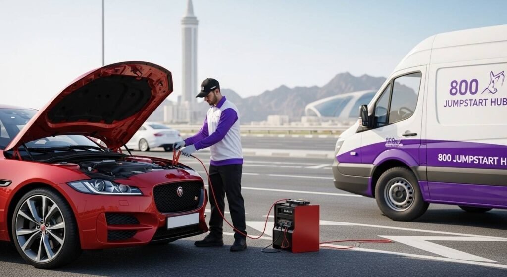 Mobile technician providing on-site jump start service for a Jaguar car in Ajman and Ras Al Khaimah