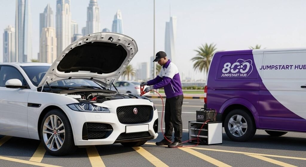 Mobile technician providing roadside jump start assistance to a Jaguar car in Dubai