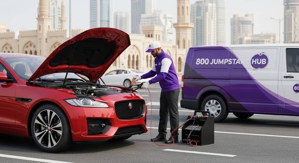 Technician delivering on-location battery jump start support for a Jaguar car in Sharjah