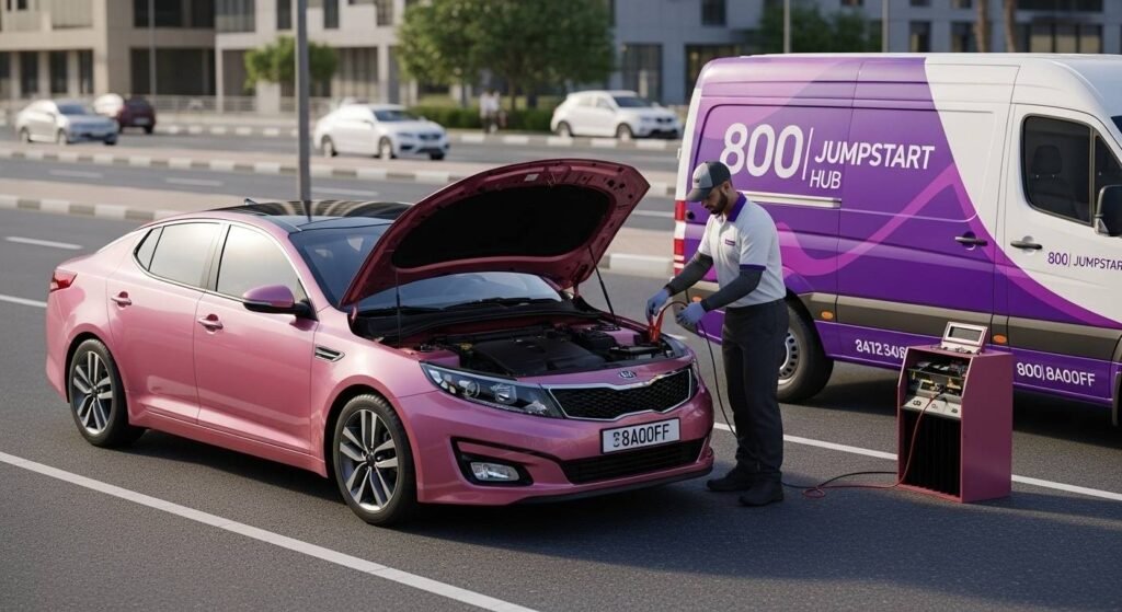 Certified technician providing jump start service to a KIA Optima vehicle