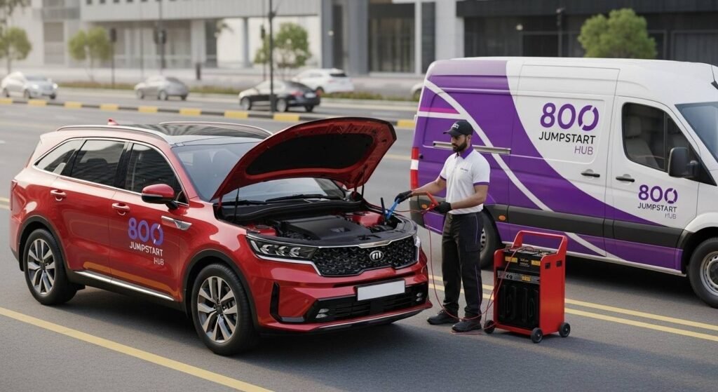 Technician assisting a KIA Sorento with an on-site battery jump start