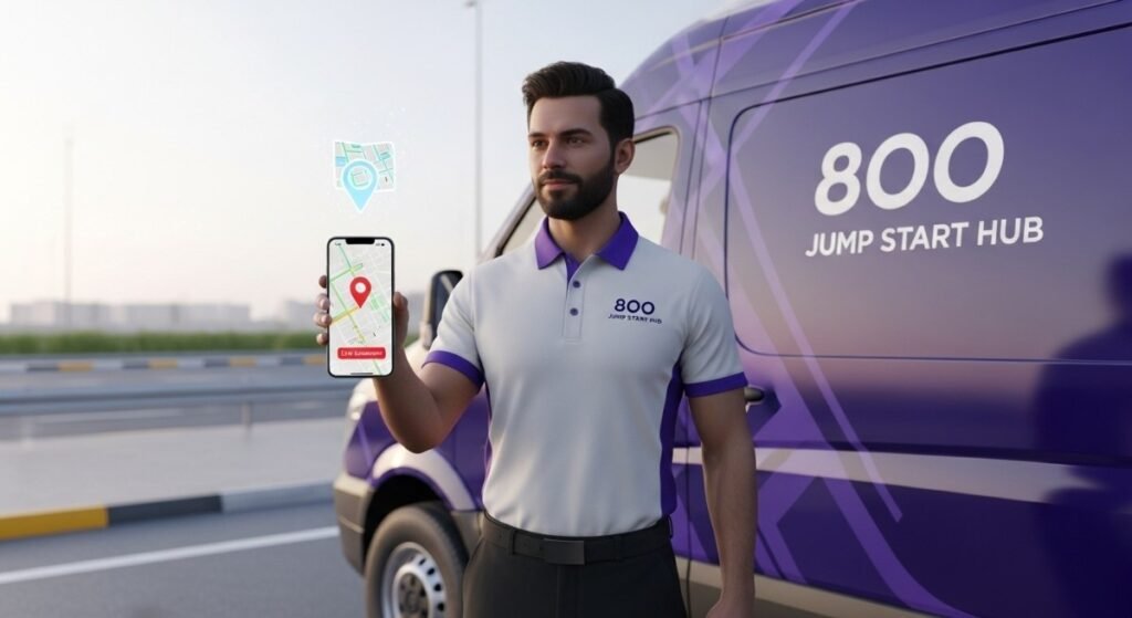 Technician sharing location via mobile for jump start service