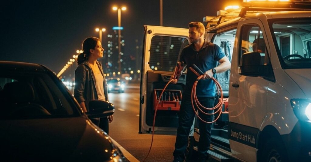 Car battery jump start service available 24/7, day or night