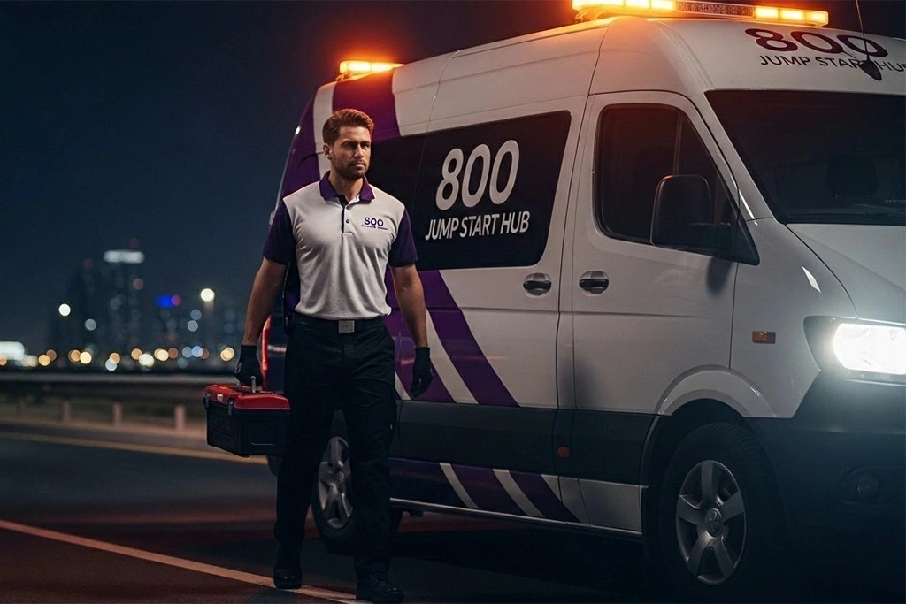 Mobile technician arrived at home for car battery jump start