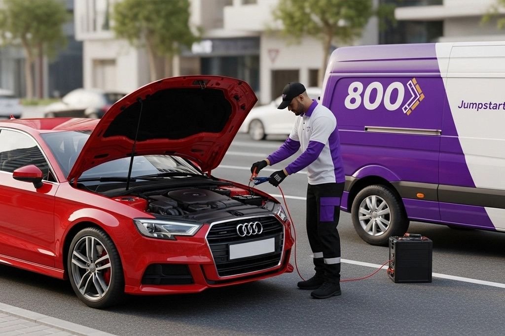 Technician performing an on-site jump start for an Audi A3