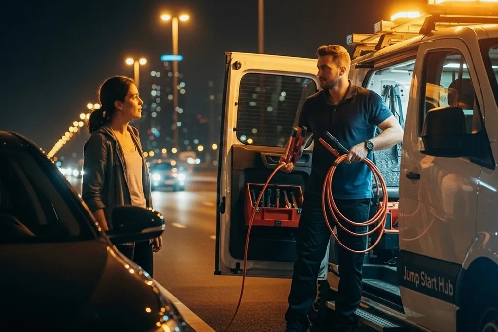 Roadside jump start carried out by a technician in full protective safety gear