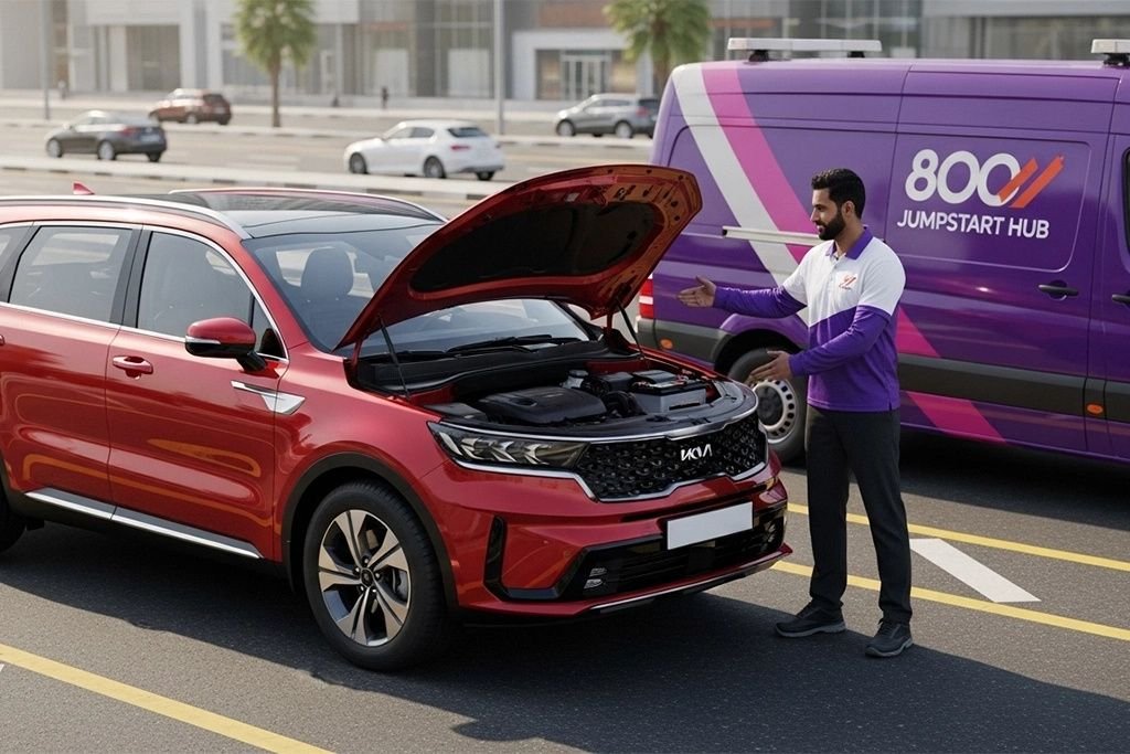 Technician providing professional on-site jump start service for a KIA car