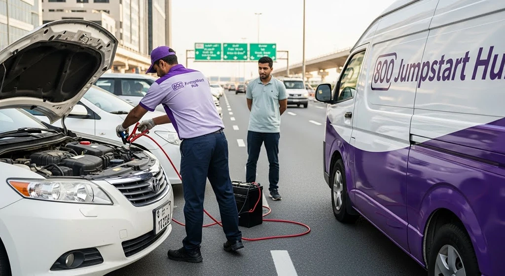 Roadside parking jump start - technician connecting cables to dead car battery