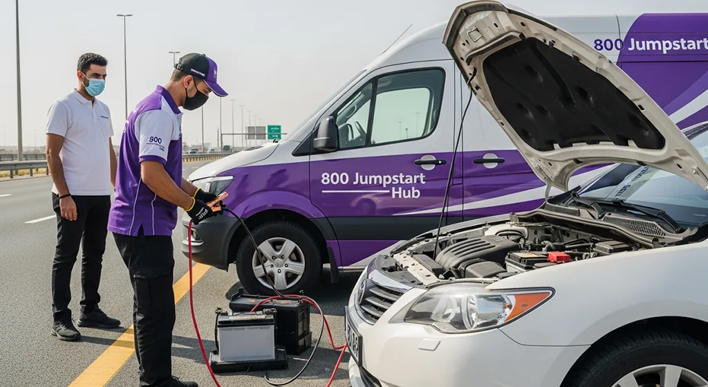 Roadside jump start service helping a car stuck on the highway mid-journey