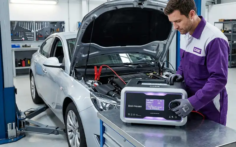 Technician delivers a controlled battery boost with manufacturer-approved, regulated equipment for a secure jump start