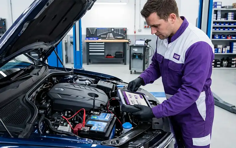 Technician performs system verification, checking alternator output, battery stability, and start-stop system before departure